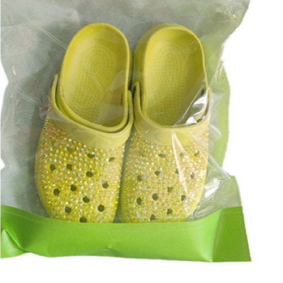 Green Bling Rhinestone Crystal Slip On Croclike Slides Rubber Clogs Shoes - Picture 4 of 4
